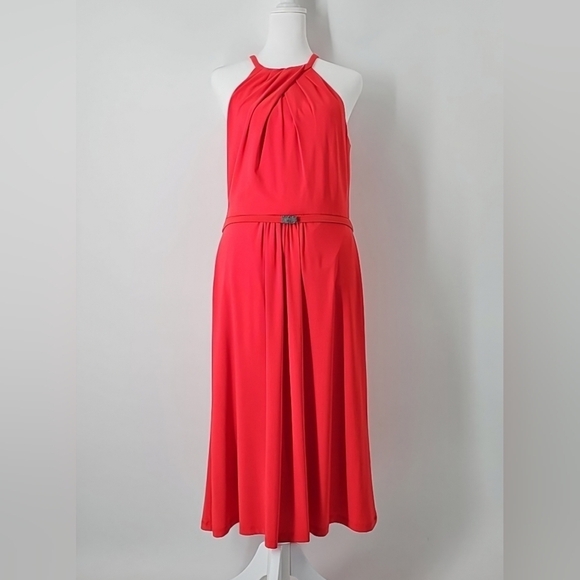 Ralph Lauren Twisted Halter Neckline Flowy Dress Vibrant Red Belted w Crystal - Picture 9 of 10